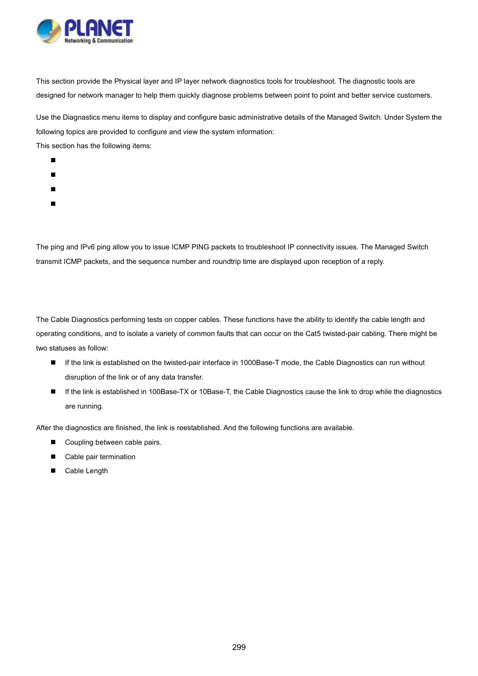 15 network diagnostics, Ping, Cable diagnostics | PLANET WGSD-10020HP User Manual | Page 299 / 358