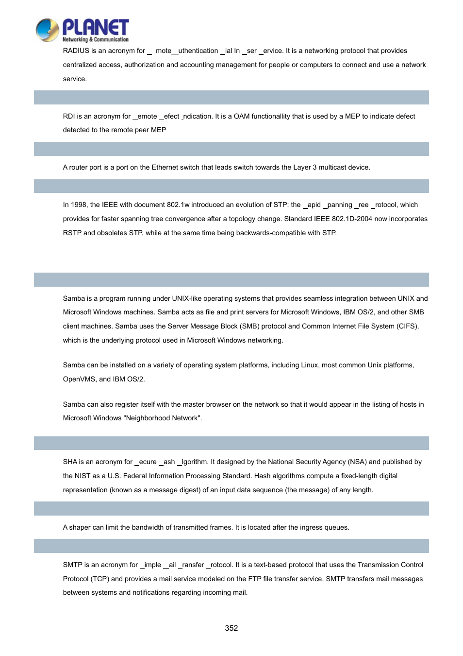 PLANET WGSD-10020HP User Manual | Page 352 / 358