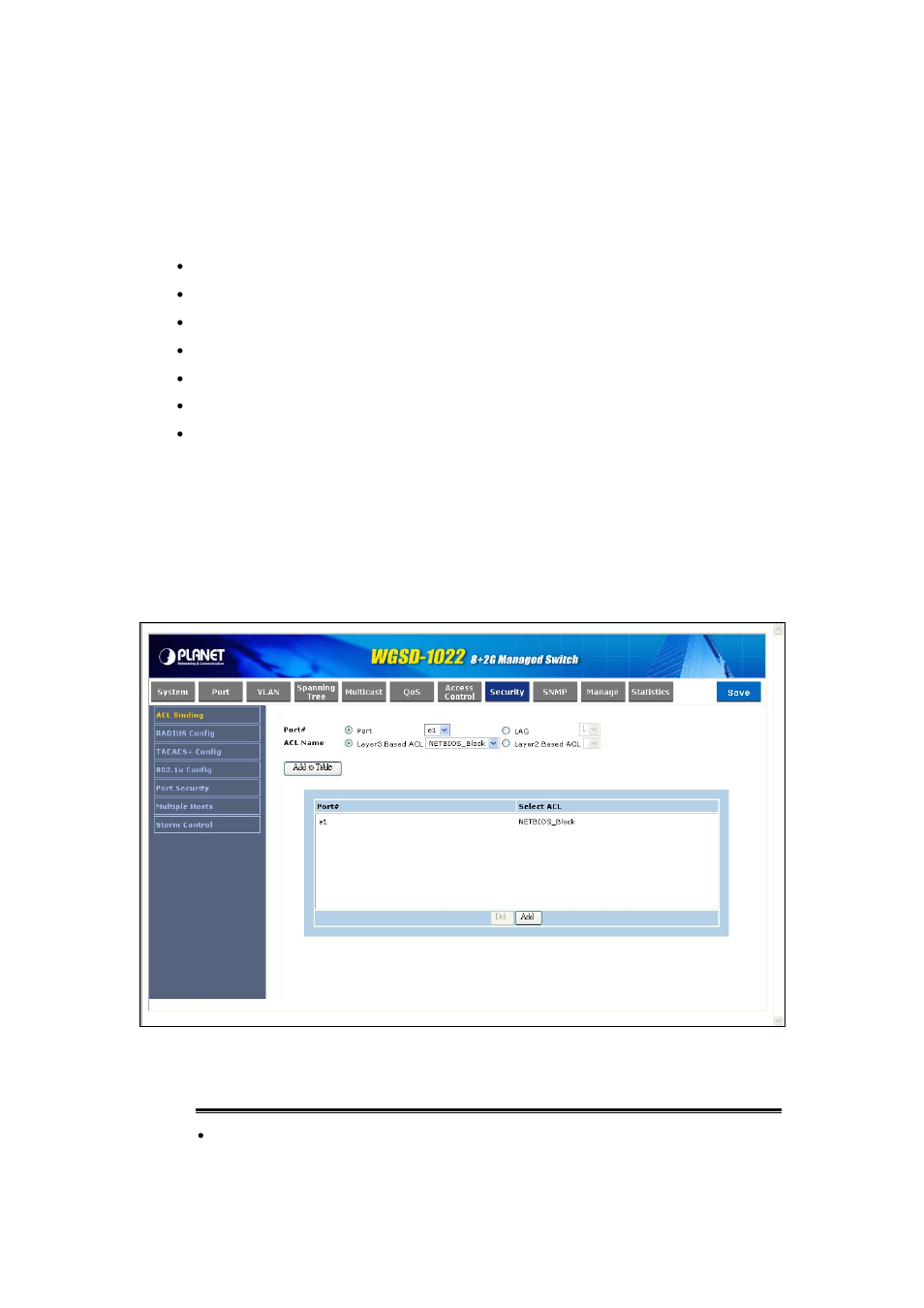 9 security, 1 acl binding | PLANET WGSD-1022 User Manual | Page 83 / 355