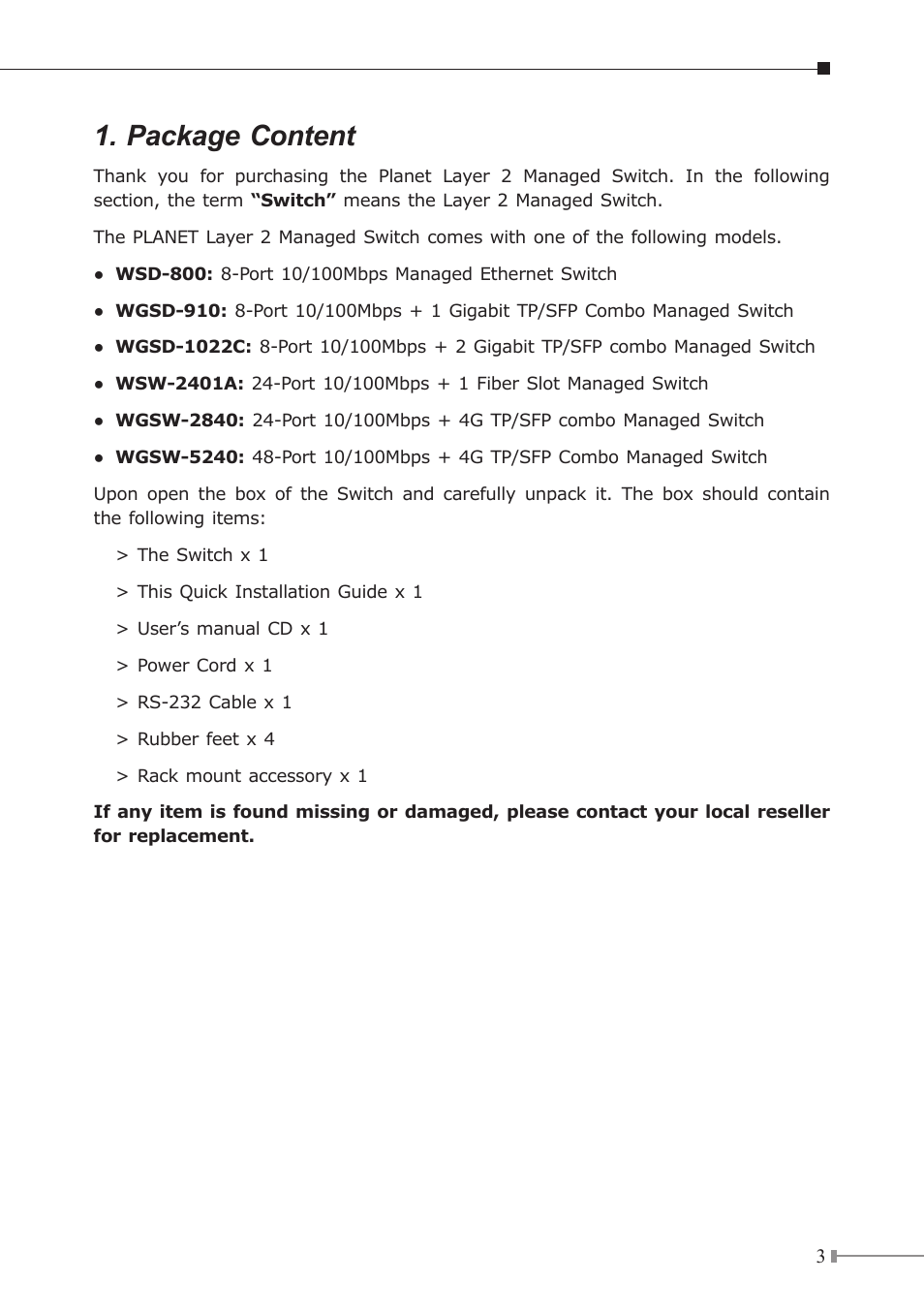 Package content | PLANET WGSD-1022C User Manual | Page 3 / 8