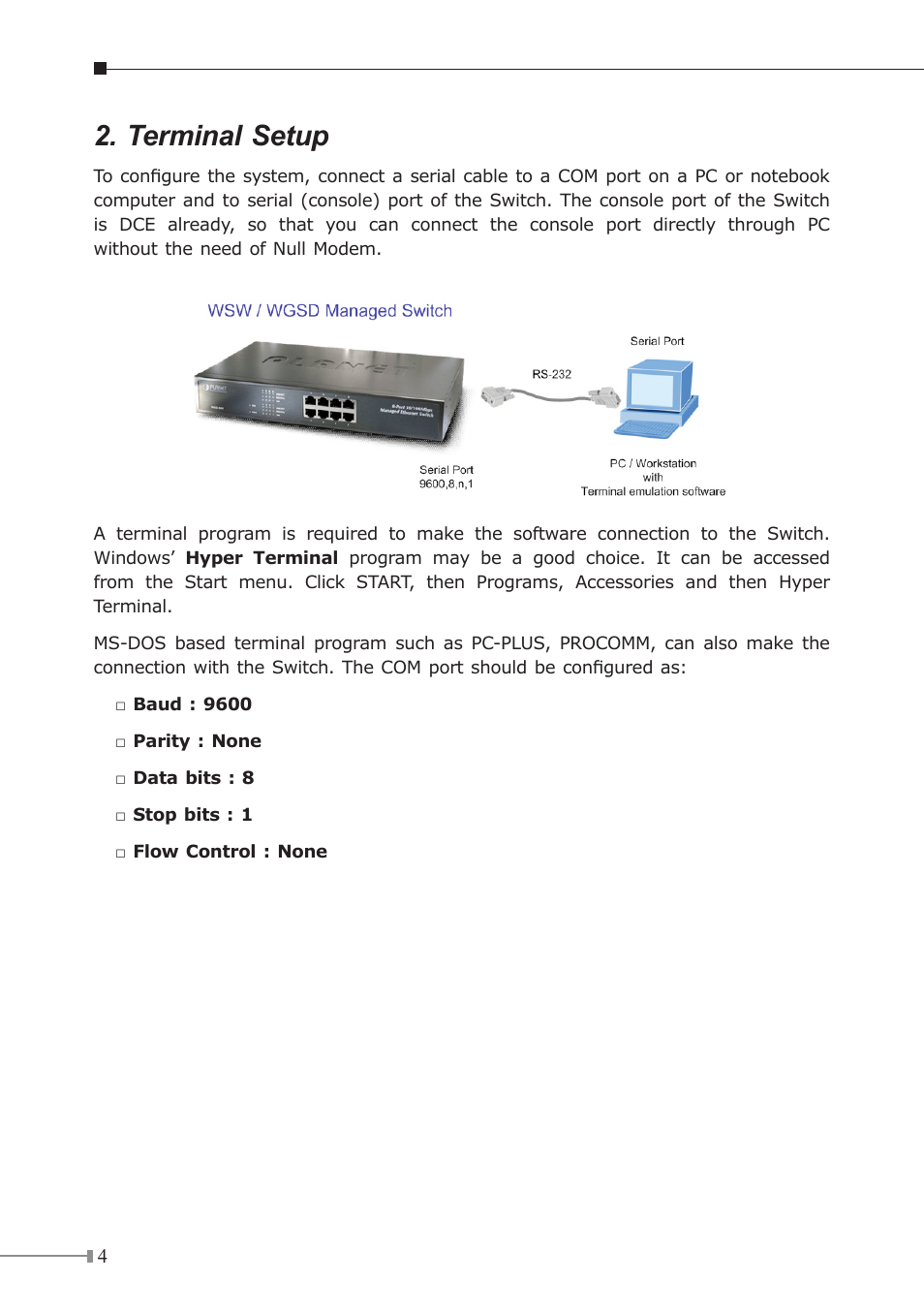 Terminal setup | PLANET WGSD-1022C User Manual | Page 4 / 8