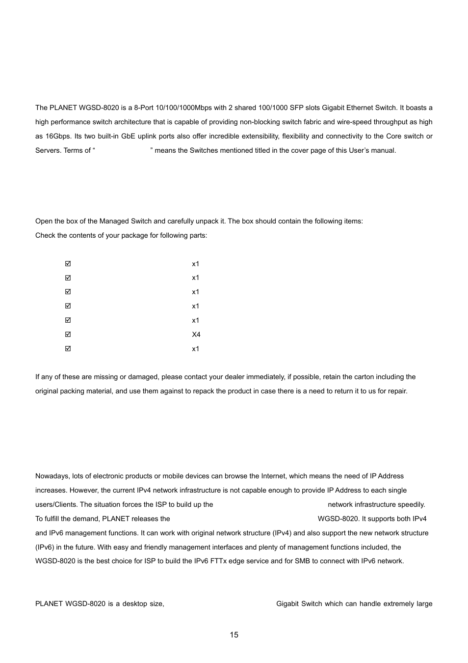 Introdution, 1 packet contents, 2 product description | PLANET WGSD-8020 User Manual | Page 15 / 373