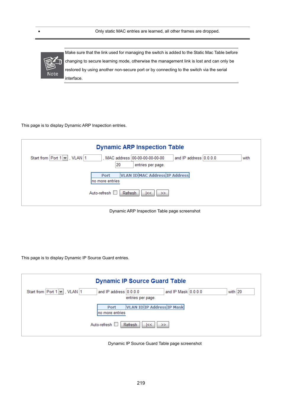 5 dynamic arp inspection table, 6 dynamic ip source guard table | PLANET WGSD-8020 User Manual | Page 219 / 373