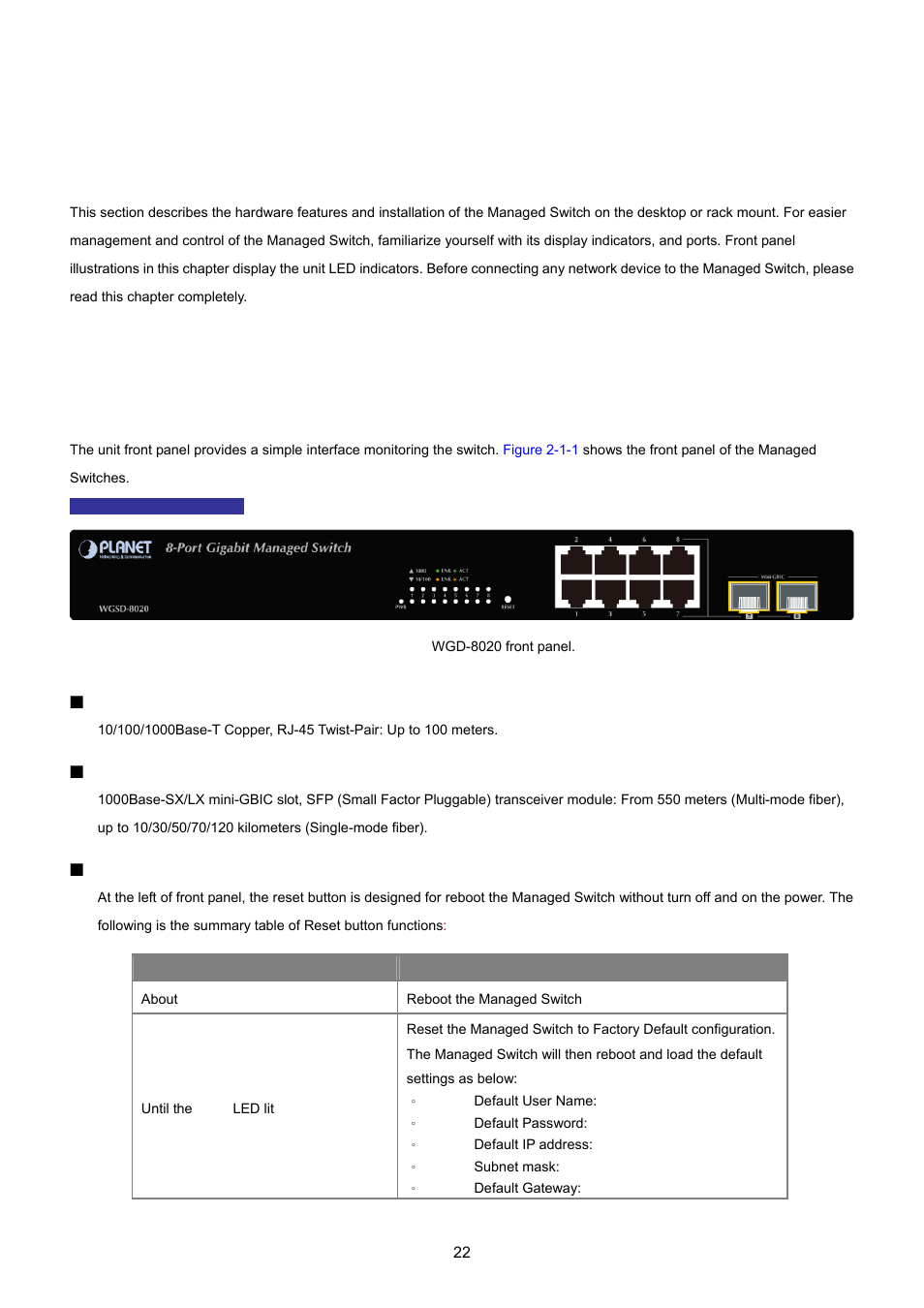 Installation, 1 hardware description, 1 switch front panel | PLANET WGSD-8020 User Manual | Page 22 / 373