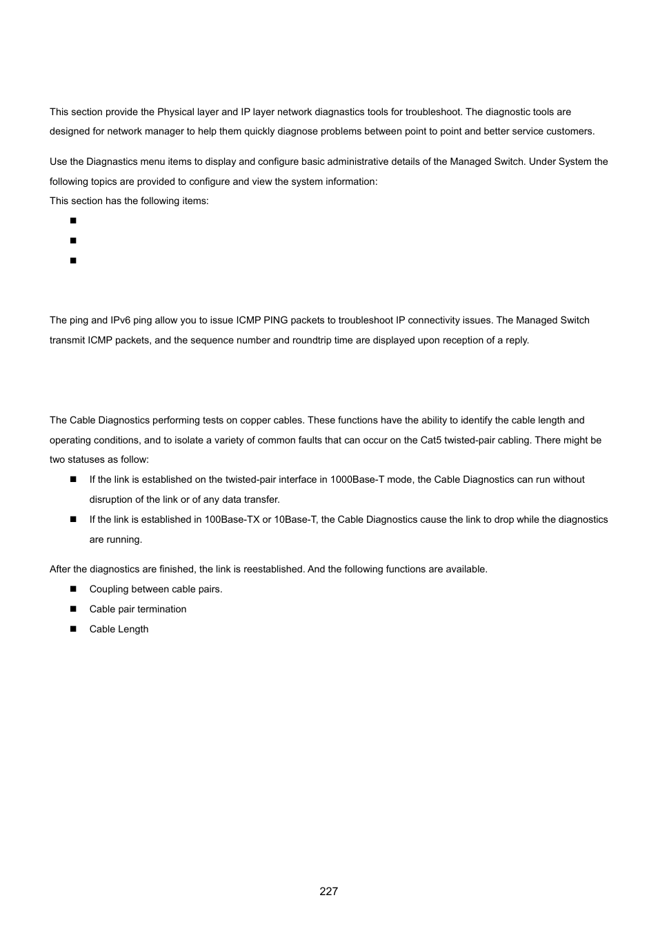 15 network diagnastics, Ping, Cable diagsastic | PLANET WGSD-8020 User Manual | Page 227 / 373