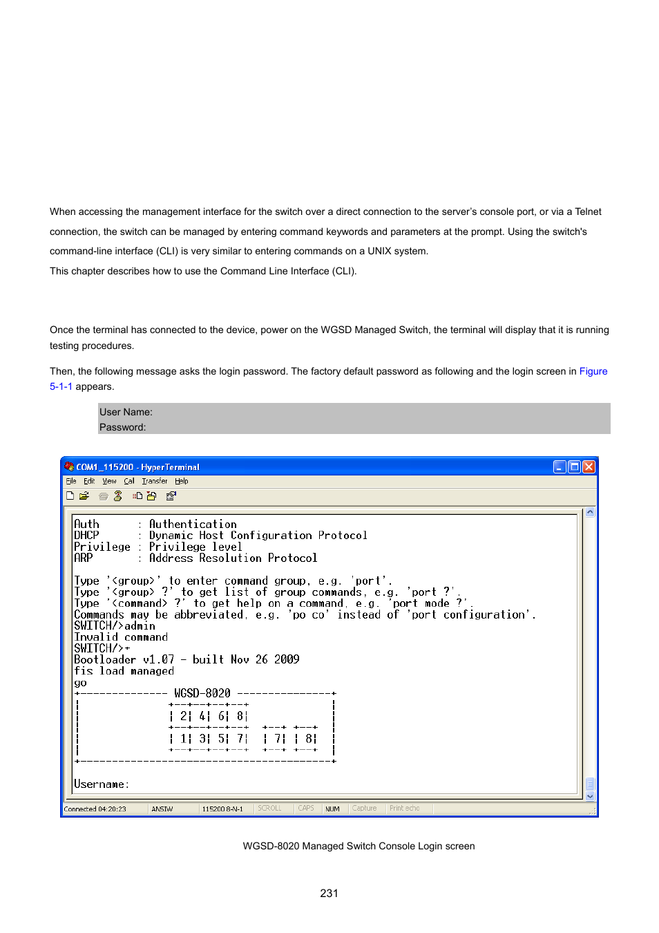 Command line interface, 1 accessing the cli, Logon to the console | PLANET WGSD-8020 User Manual | Page 231 / 373