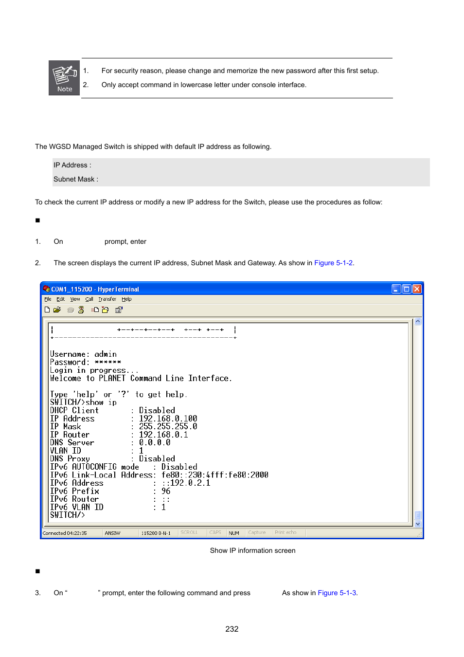 Configure ip address | PLANET WGSD-8020 User Manual | Page 232 / 373