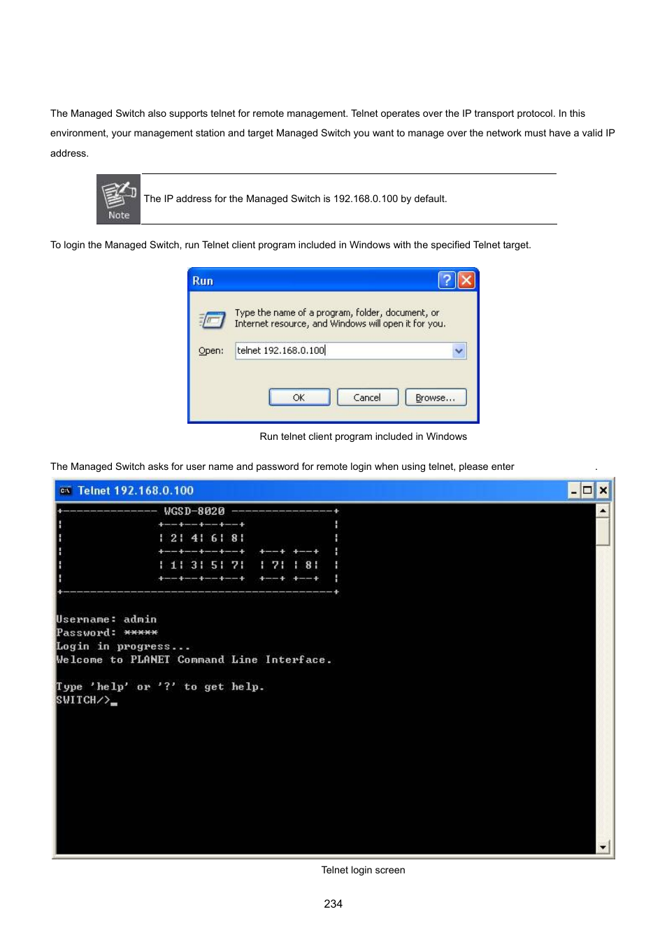 2 telnet login | PLANET WGSD-8020 User Manual | Page 234 / 373