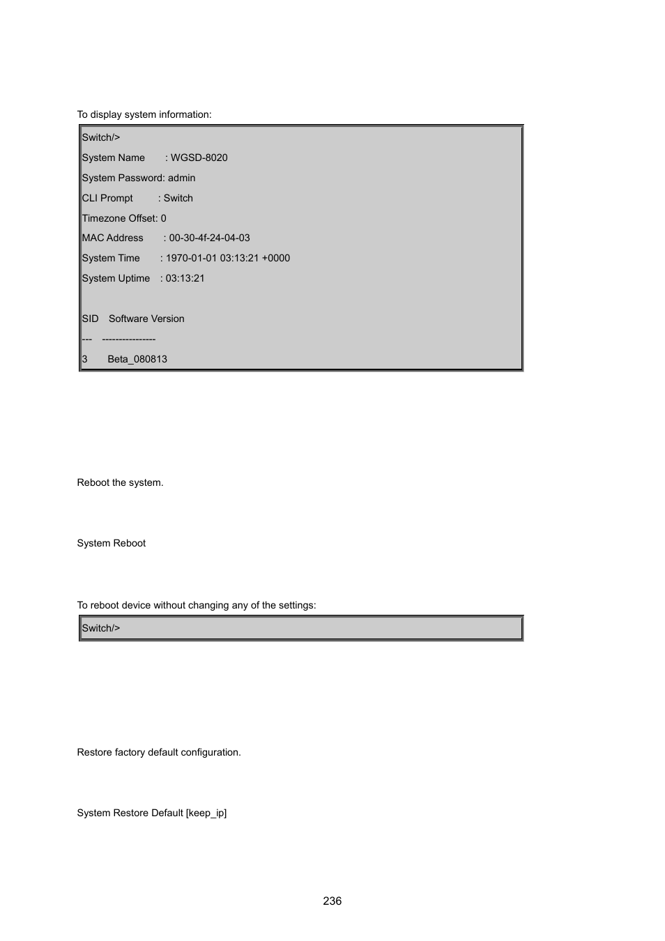 System reboot, System restore default | PLANET WGSD-8020 User Manual | Page 236 / 373