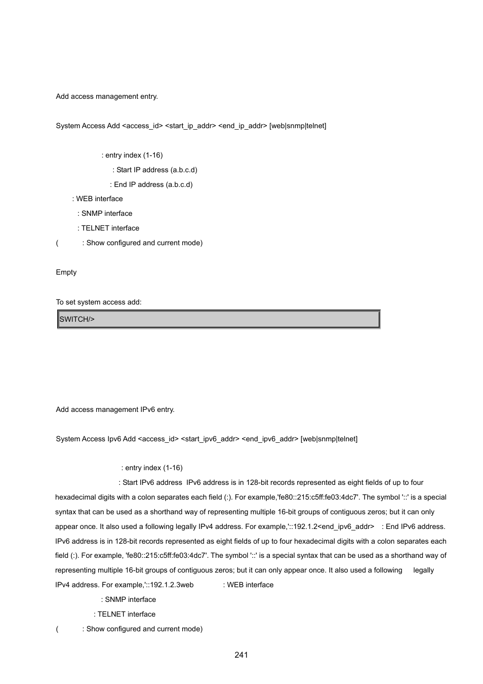 System access add, System access ipv6 add | PLANET WGSD-8020 User Manual | Page 241 / 373