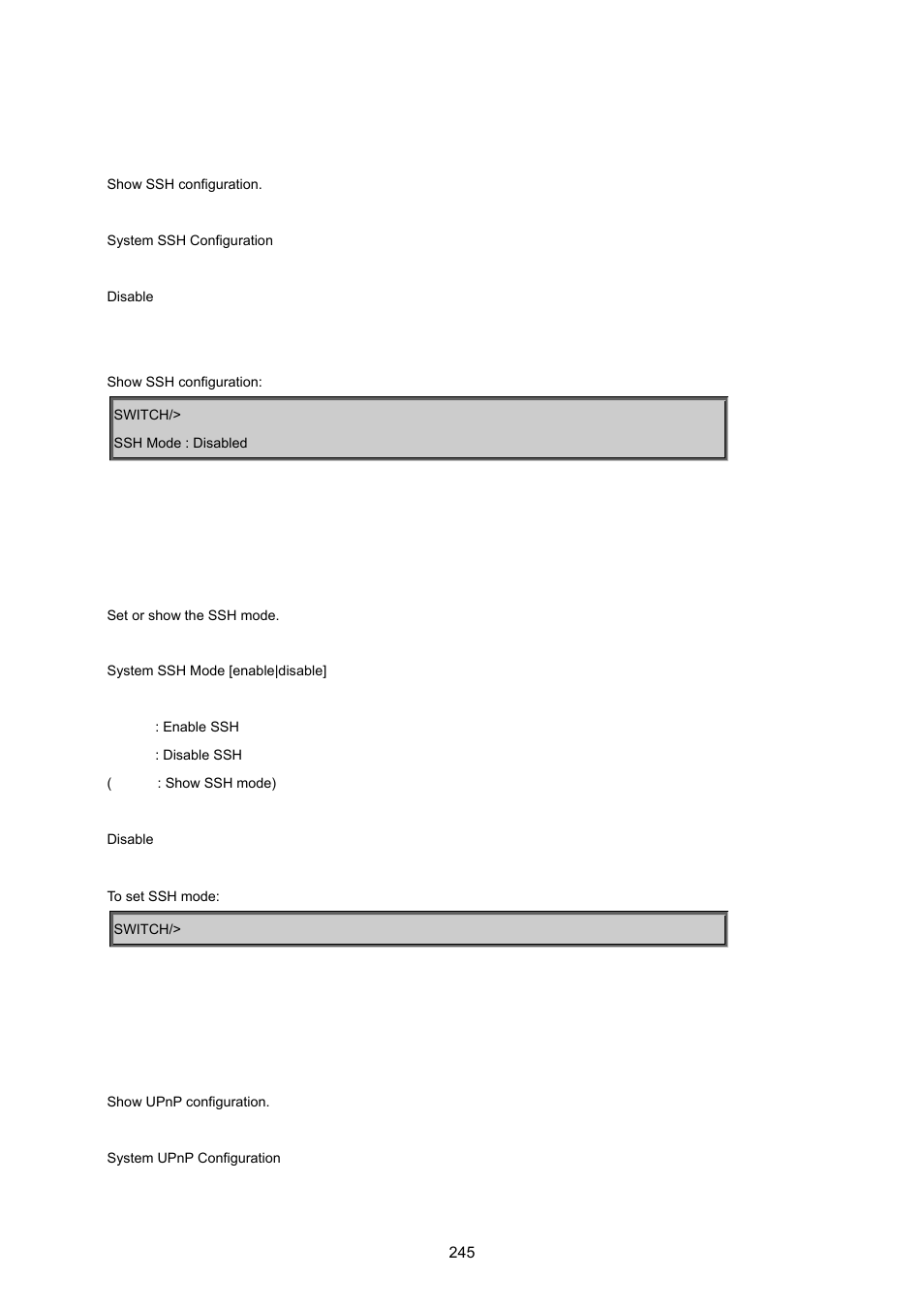 System ssh configuration, System ssh mode, System upnp configuration | PLANET WGSD-8020 User Manual | Page 245 / 373