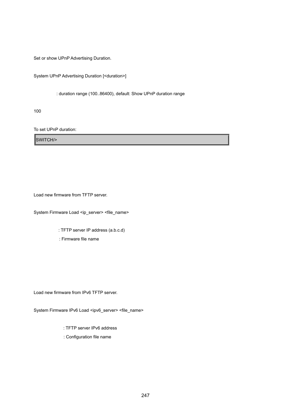 System upnp advertising duration, System firmware load, System firmware ipv6 load | System config save | PLANET WGSD-8020 User Manual | Page 247 / 373