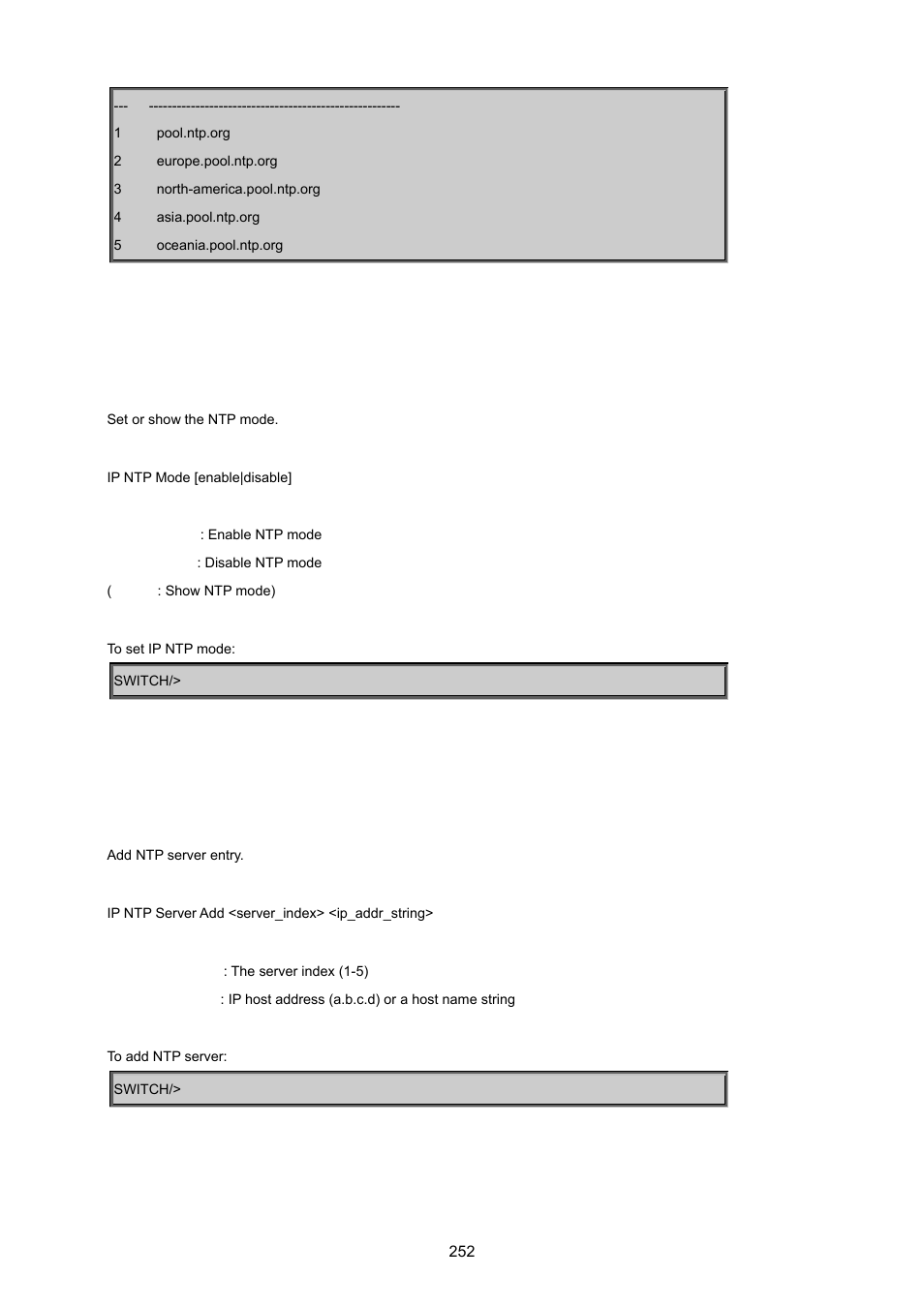 Ip ntp mode, Ip ntp server add | PLANET WGSD-8020 User Manual | Page 252 / 373