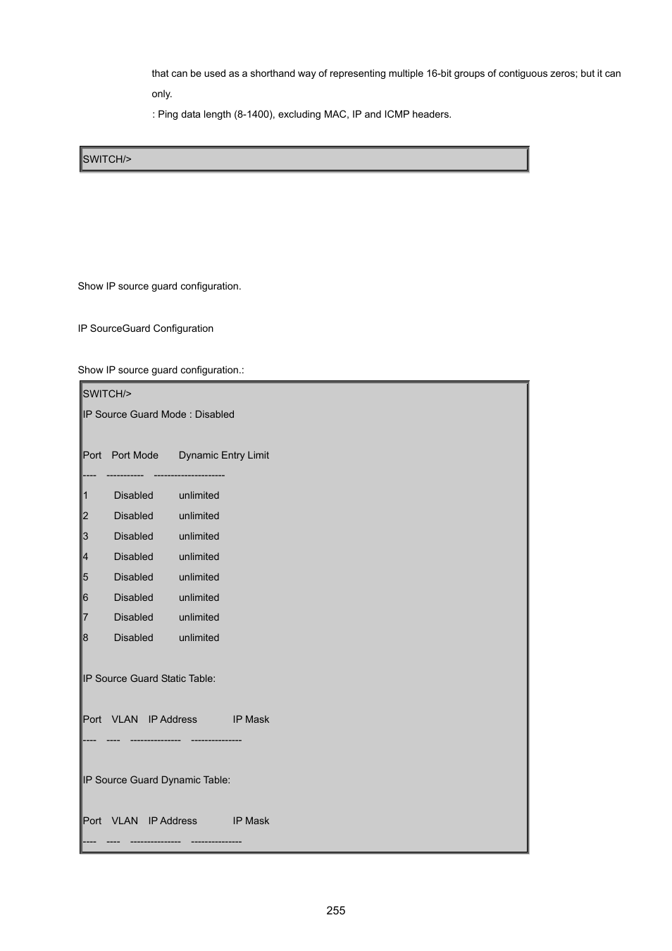Ip sourceguard configuration | PLANET WGSD-8020 User Manual | Page 255 / 373