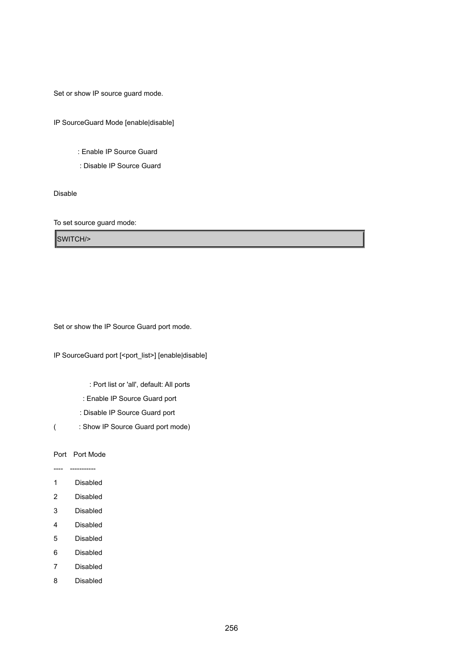 Ip sourceguard mode, Ip sourceguard port | PLANET WGSD-8020 User Manual | Page 256 / 373