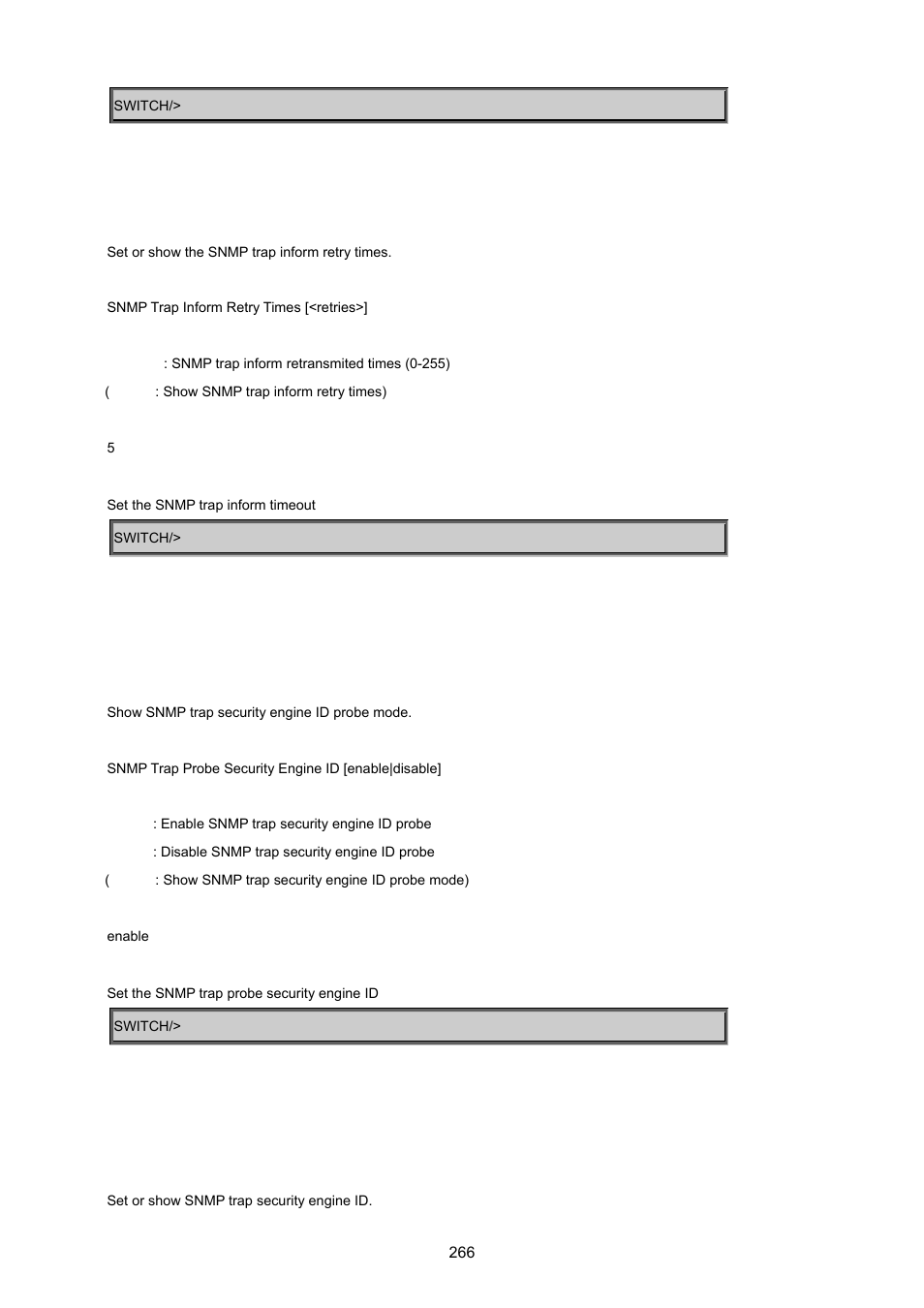 Snmp trap inform retry times, Snmp trap probe security engine id, Snmp trap security engine id | PLANET WGSD-8020 User Manual | Page 266 / 373