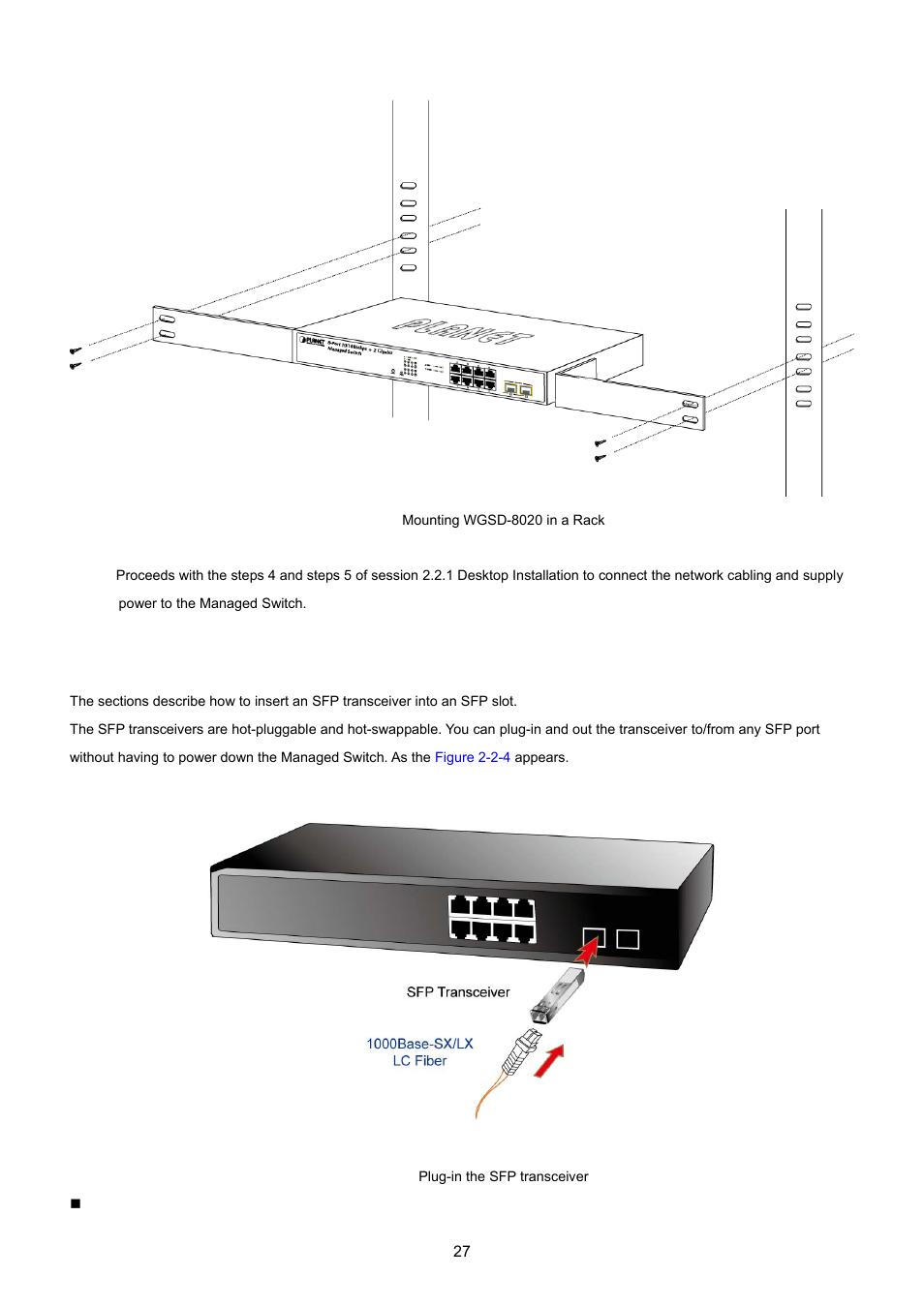 3 installing the sfp transceiver | PLANET WGSD-8020 User Manual | Page 27 / 373