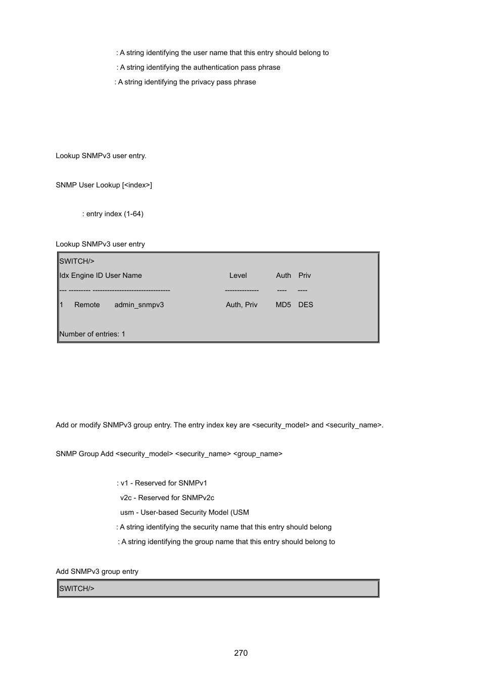 Snmp user lookup, Snmp group add | PLANET WGSD-8020 User Manual | Page 270 / 373