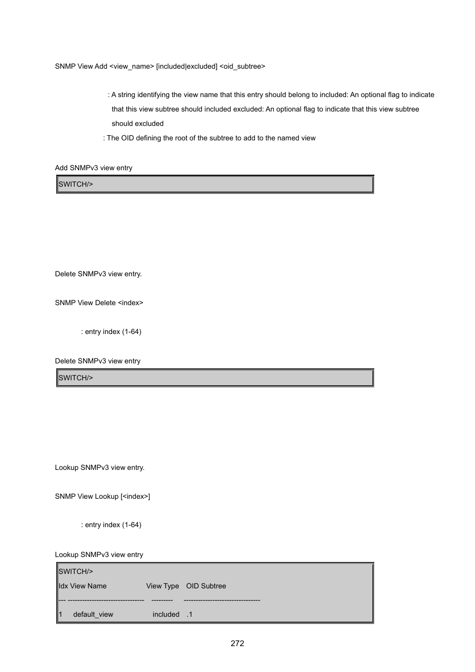 Snmp view delete, Snmp view lookup | PLANET WGSD-8020 User Manual | Page 272 / 373