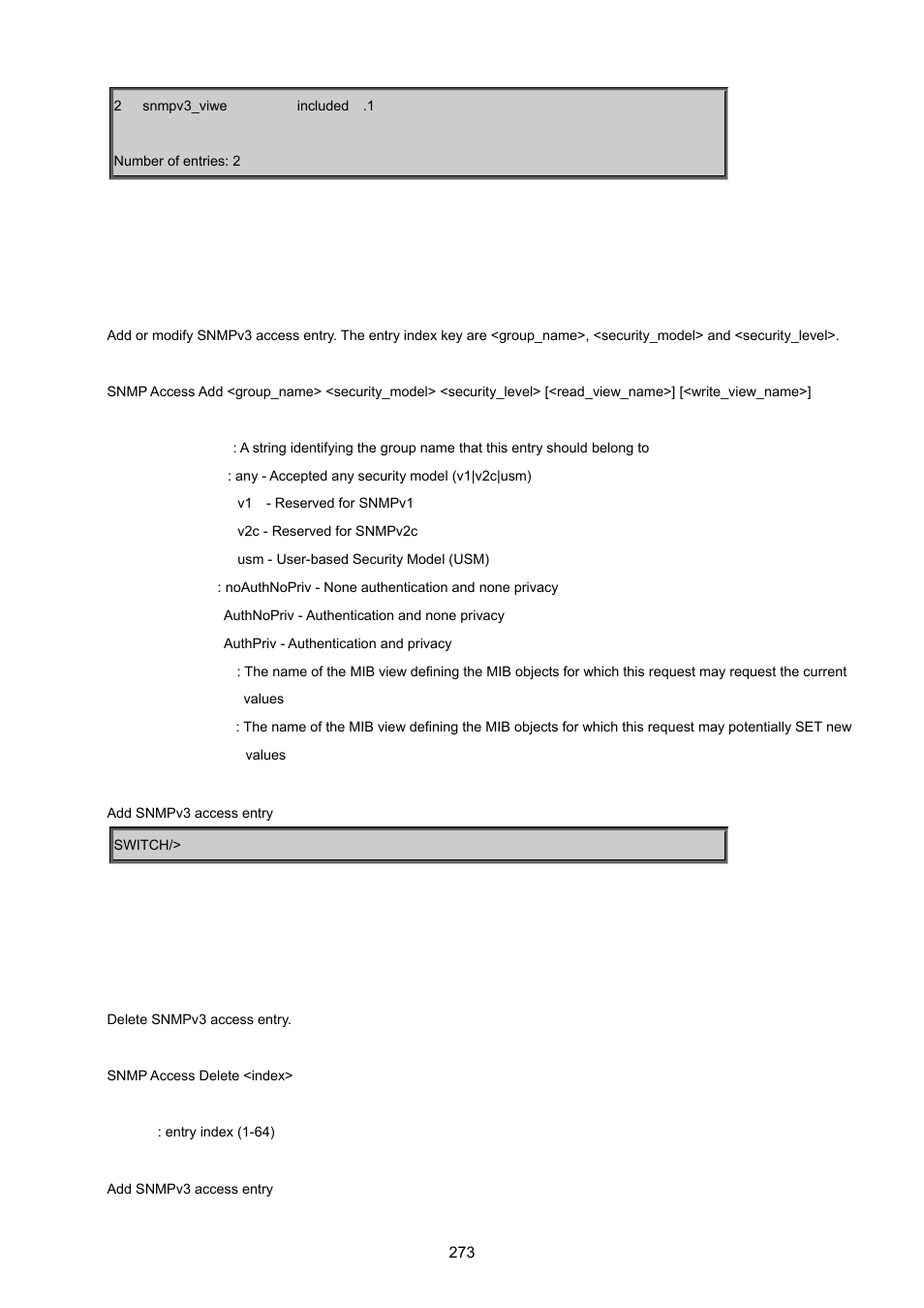 Snmp access add, Snmp access delete | PLANET WGSD-8020 User Manual | Page 273 / 373