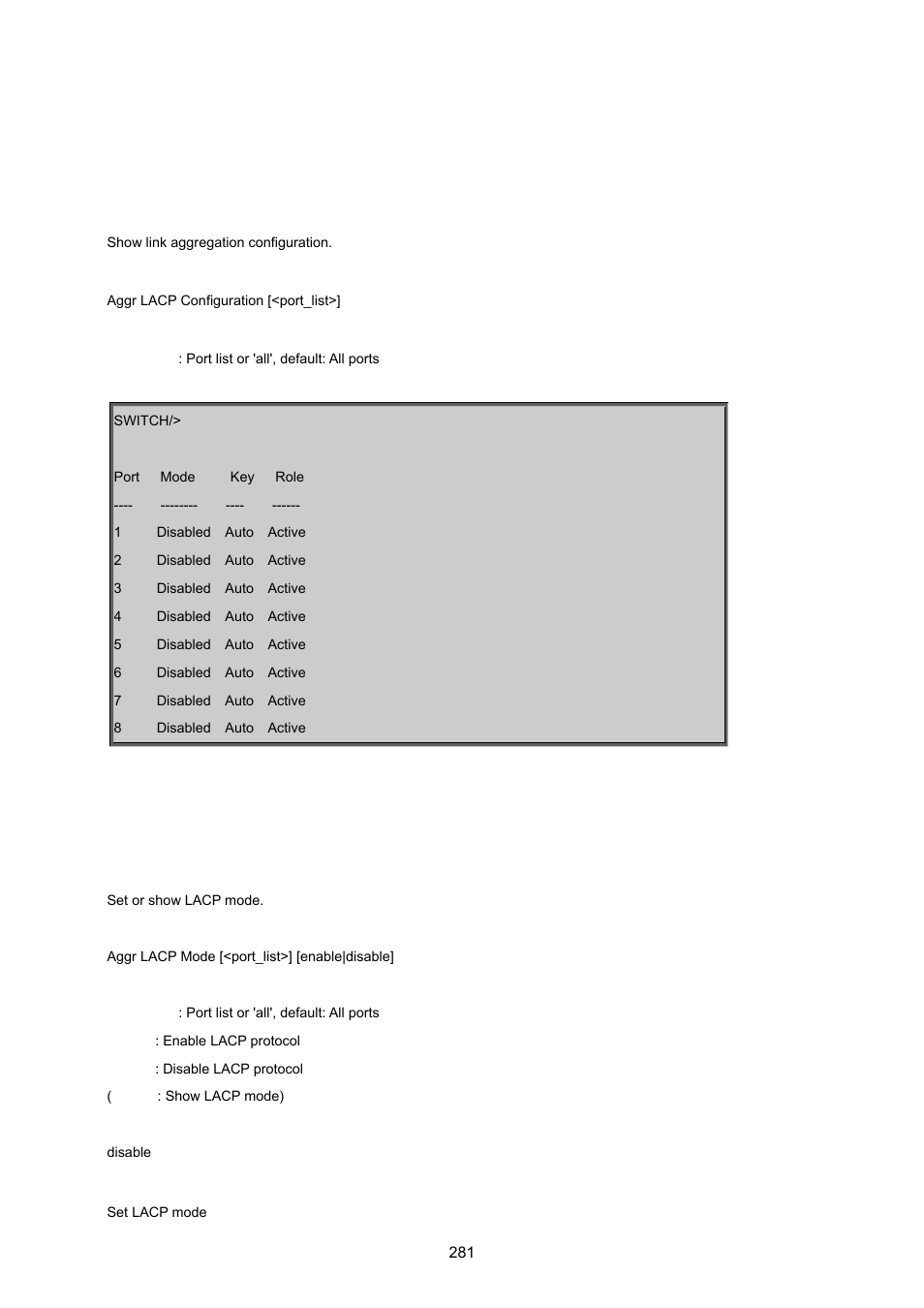 5 link aggregation command, Link aggregation configuration, Link aggregation mode | PLANET WGSD-8020 User Manual | Page 281 / 373