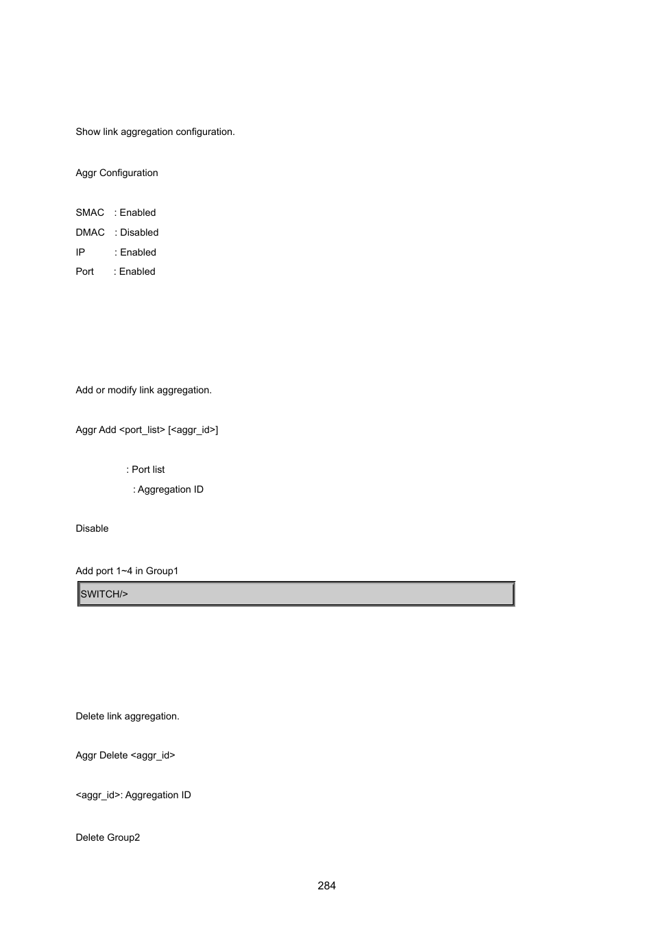 Aggregation configuration, Aggregation add, Aggregation delete | PLANET WGSD-8020 User Manual | Page 284 / 373