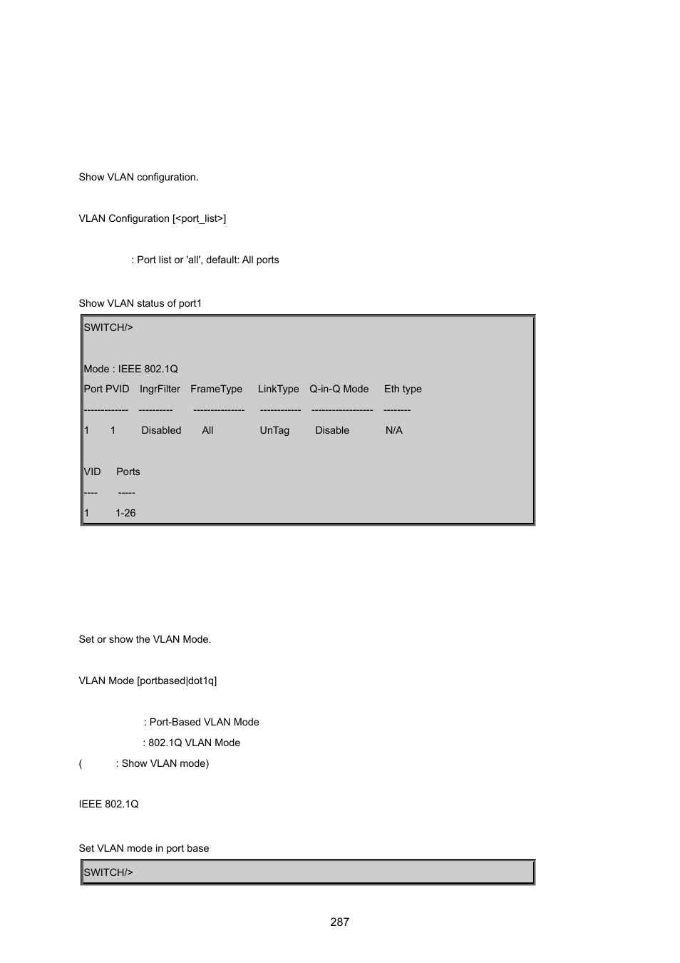 6 vlan configuration command, Vlan configuration, Vlan mode | PLANET WGSD-8020 User Manual | Page 287 / 373