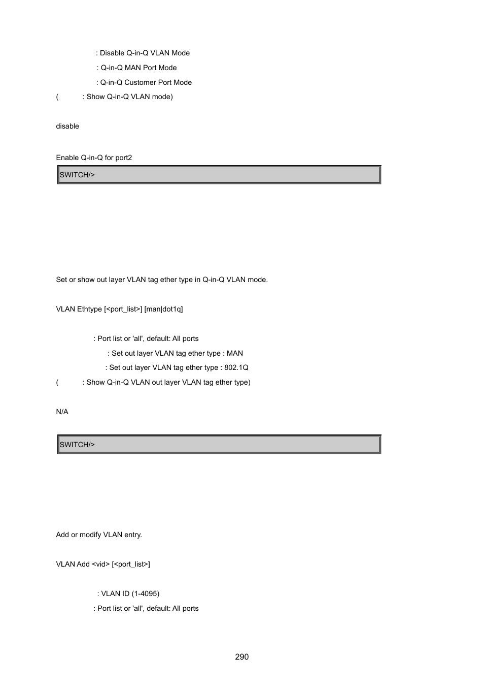 Vlan ethernet type, Vlan add | PLANET WGSD-8020 User Manual | Page 290 / 373