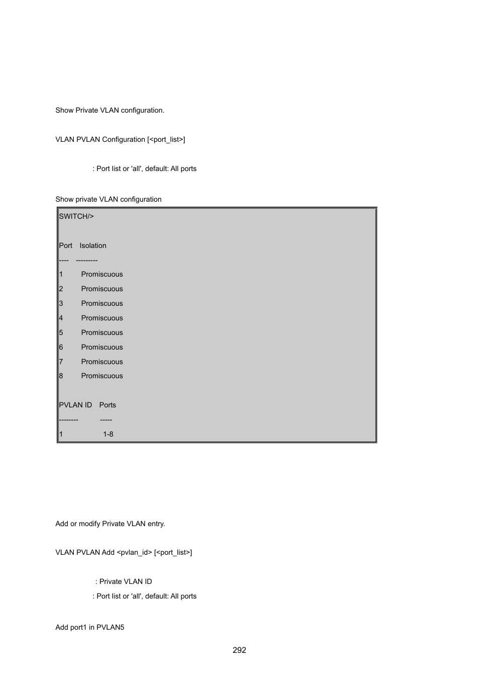 Pvlan configuration, Pvlan add | PLANET WGSD-8020 User Manual | Page 292 / 373