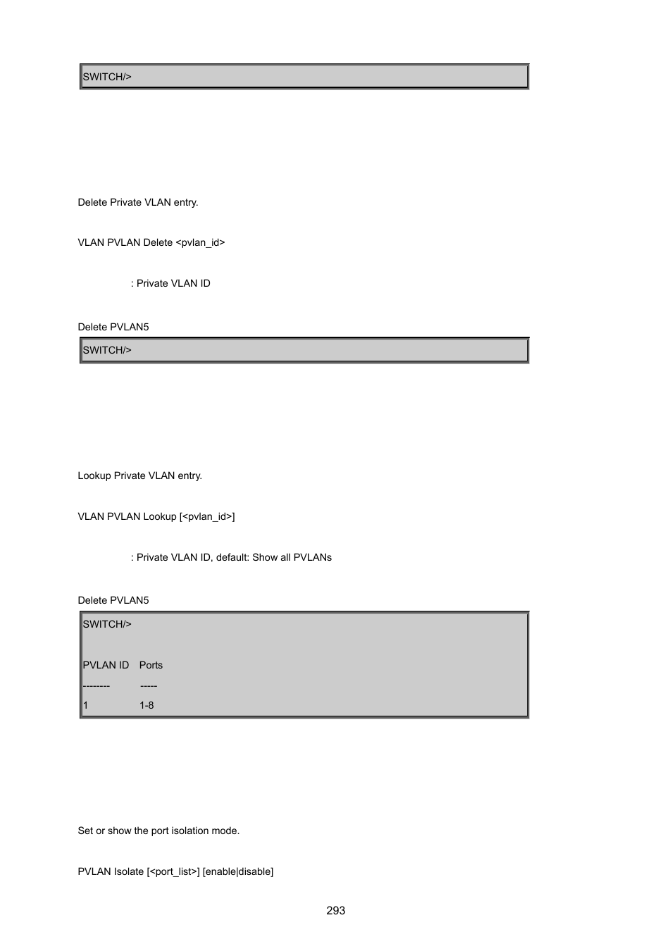 Pvlan delete, Pvlan lookup, Pvlan isolate | PLANET WGSD-8020 User Manual | Page 293 / 373