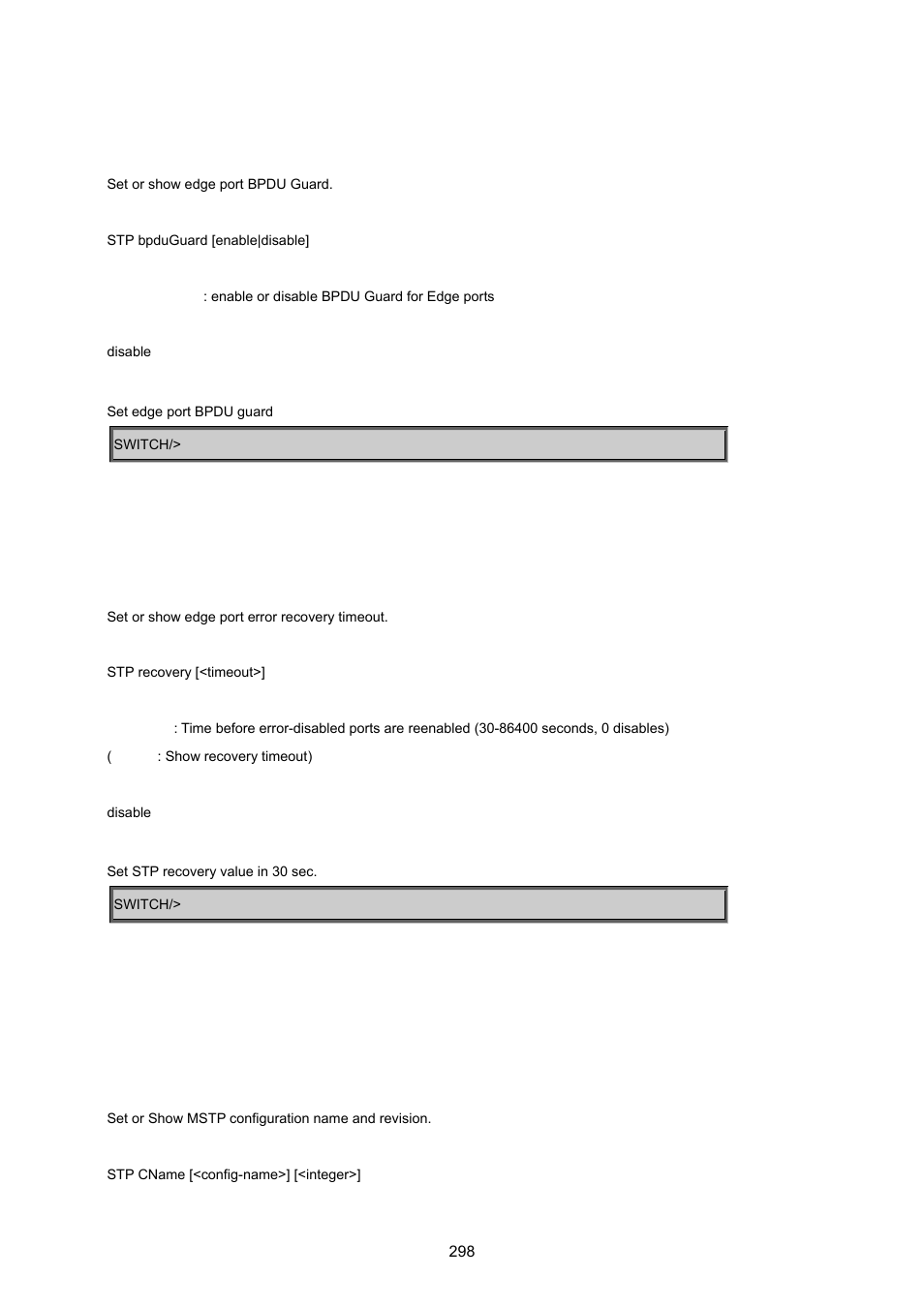 Stp bpdu guard, Stp recovery, Mstp configuration | Stp cname | PLANET WGSD-8020 User Manual | Page 298 / 373