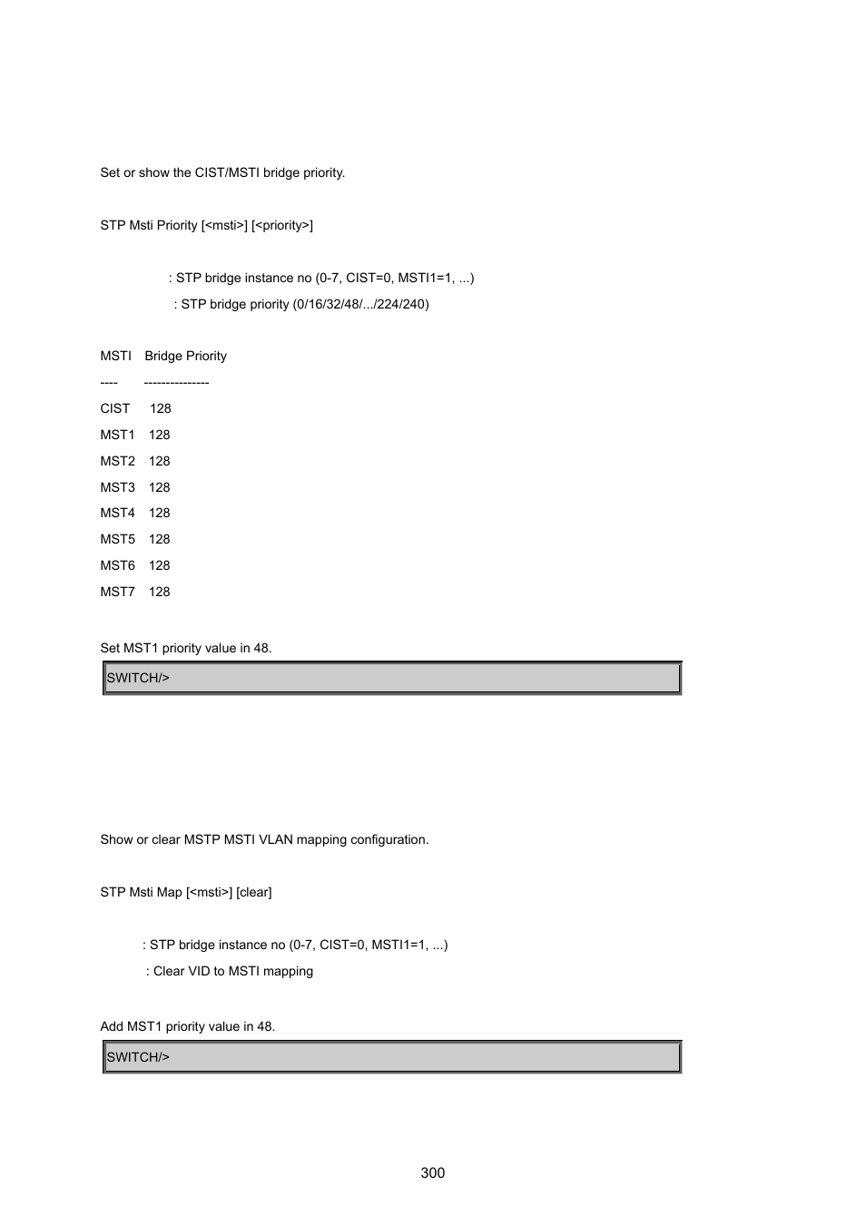 Stp msti priority, Stp msti map | PLANET WGSD-8020 User Manual | Page 300 / 373