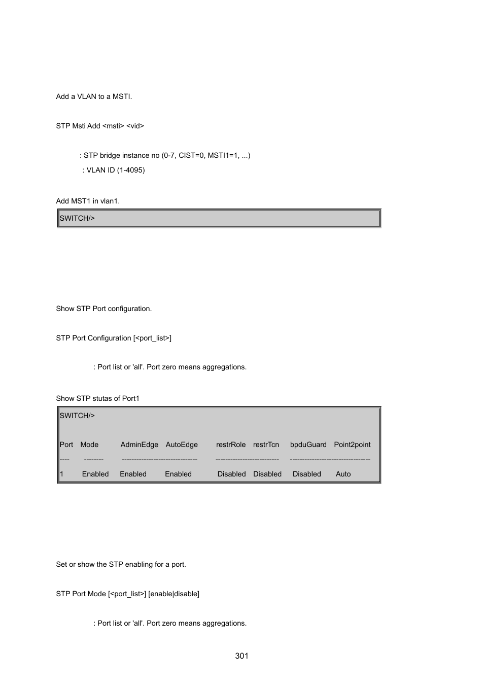 Stp msti add, Stp port configuration, Stp port mode | PLANET WGSD-8020 User Manual | Page 301 / 373