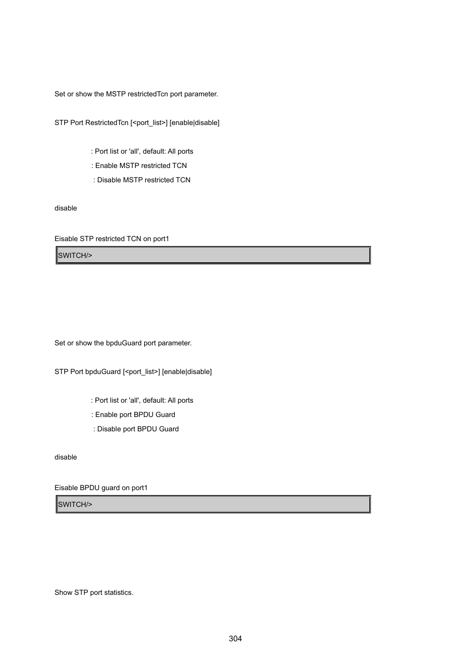 Stp port restricted tcn, Stp port bpdu guard, Stp port statistic | PLANET WGSD-8020 User Manual | Page 304 / 373