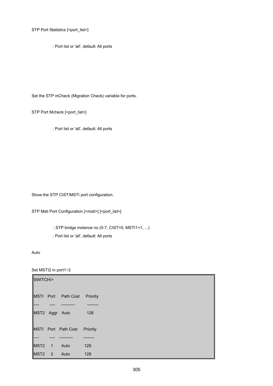 Stp port migration check, Stp msti port configuration | PLANET WGSD-8020 User Manual | Page 305 / 373