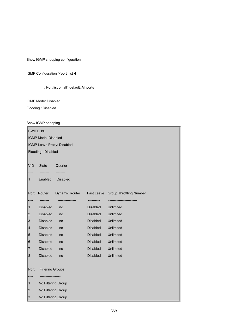 8 multicast configuration command, Igmp configuration | PLANET WGSD-8020 User Manual | Page 307 / 373