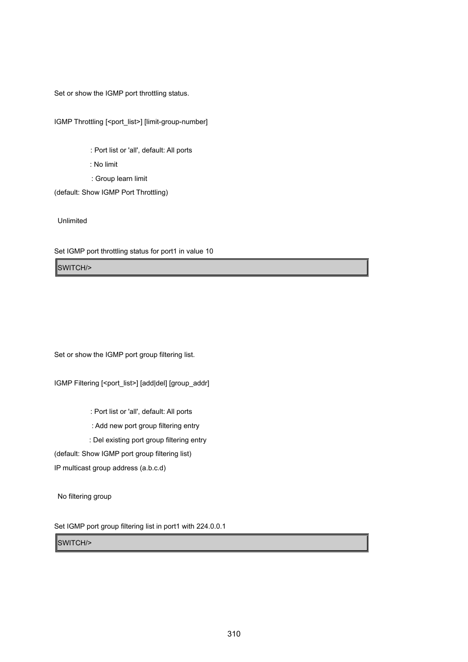 Igmp throttling, Igmp filtering | PLANET WGSD-8020 User Manual | Page 310 / 373