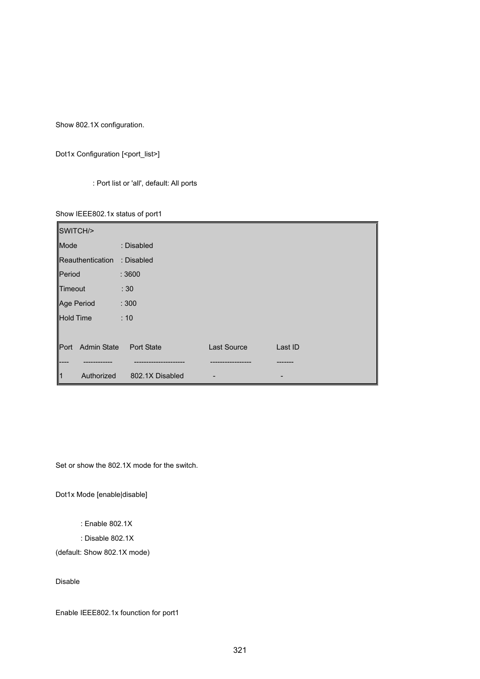 10 802.1x port access control command, Dot1x configuration, Dotx1 mode | PLANET WGSD-8020 User Manual | Page 321 / 373