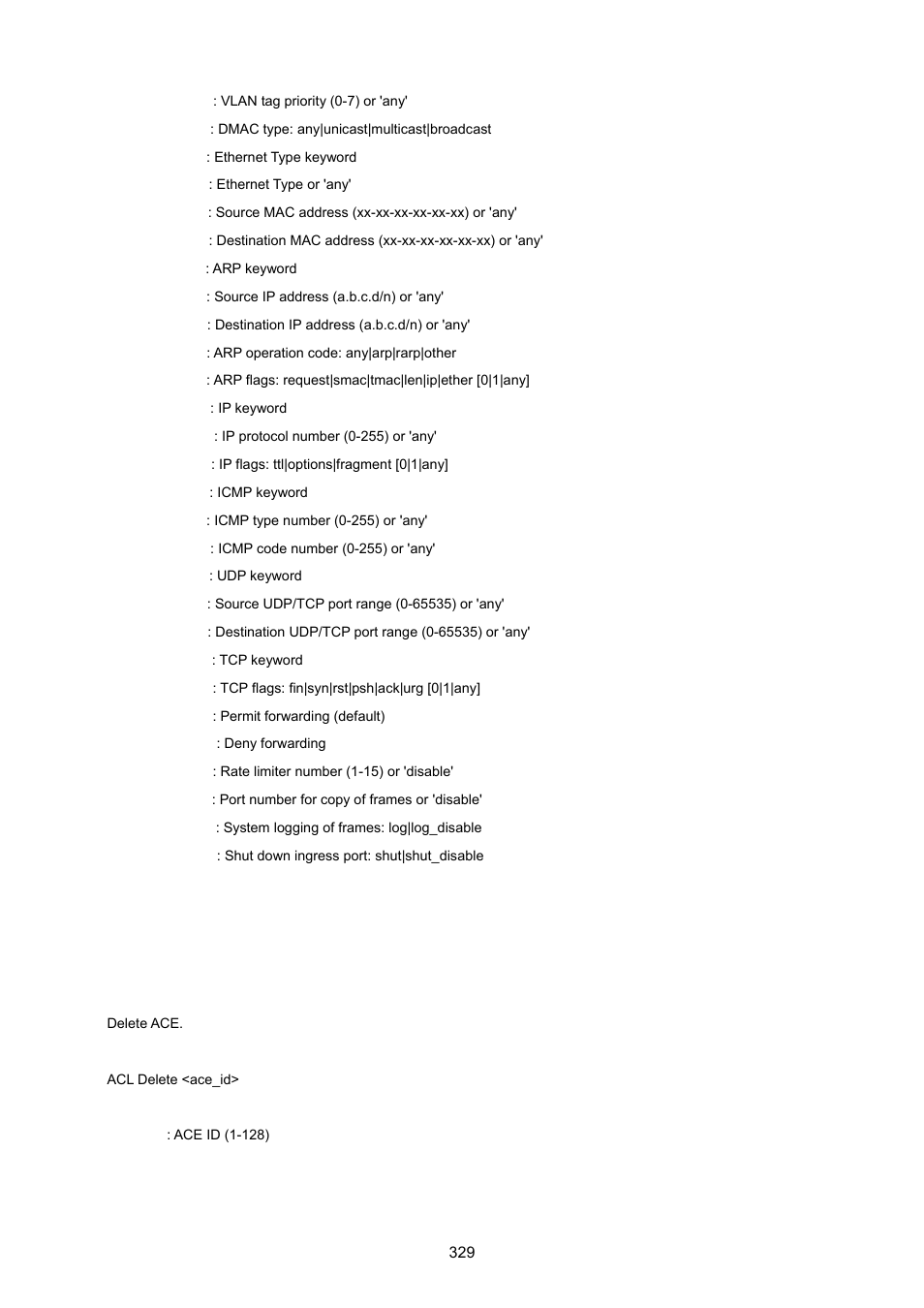 Acl delete | PLANET WGSD-8020 User Manual | Page 329 / 373