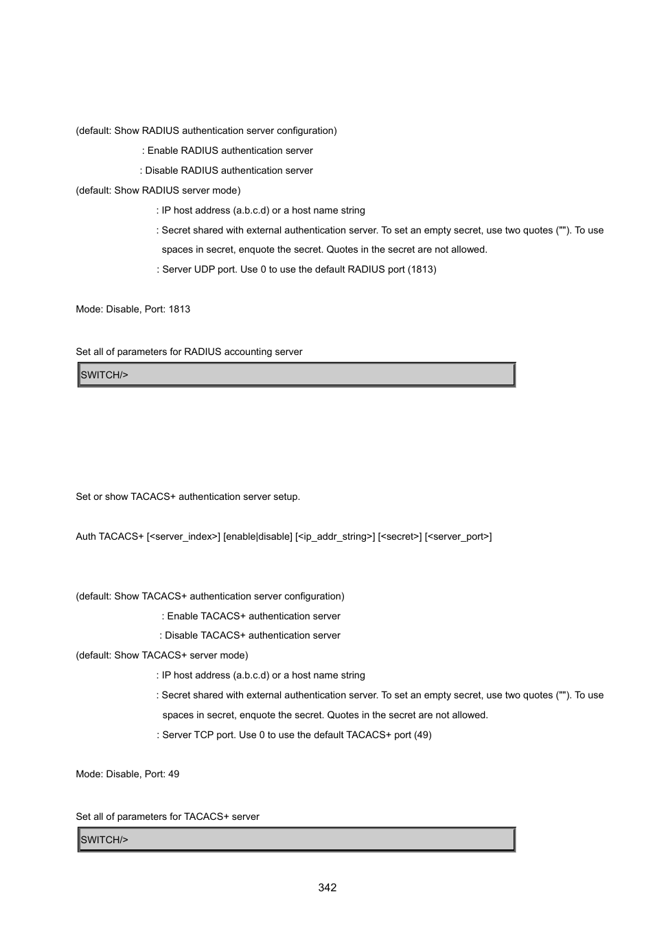 Authentication tacacs+ server | PLANET WGSD-8020 User Manual | Page 342 / 373