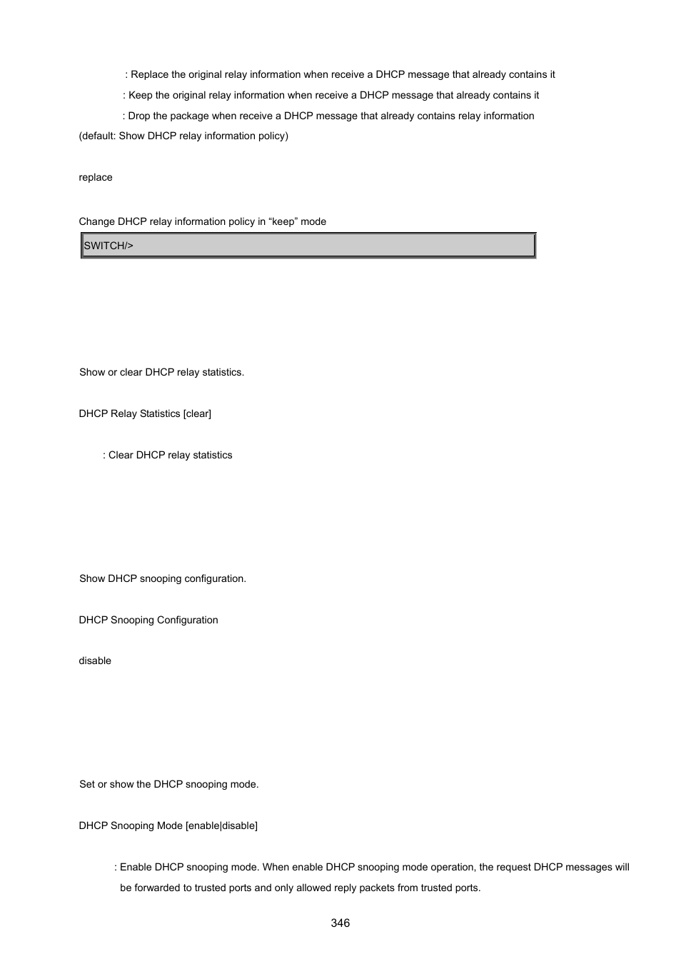 Dhcp relay statistics, Dhcp snooping configuration, Dhcp snooping mode | PLANET WGSD-8020 User Manual | Page 346 / 373