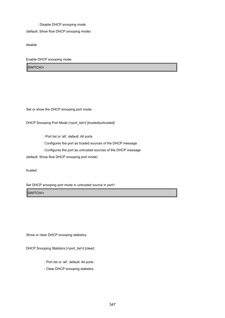 Dhcp snooping port mode, Dhcp snooping statistics | PLANET WGSD-8020 User Manual | Page 347 / 373
