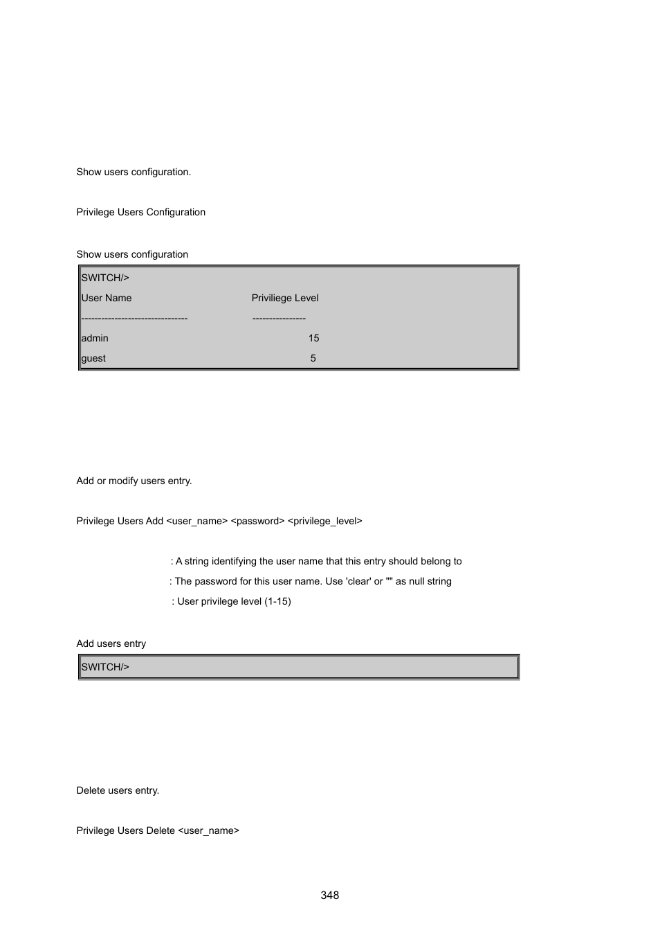 16 privilege level command, Privilege level users configuration, Privilege level users add | Privilege level users delete | PLANET WGSD-8020 User Manual | Page 348 / 373