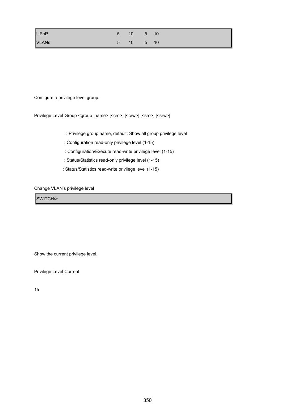 Privilege level group, Privilege level current | PLANET WGSD-8020 User Manual | Page 350 / 373