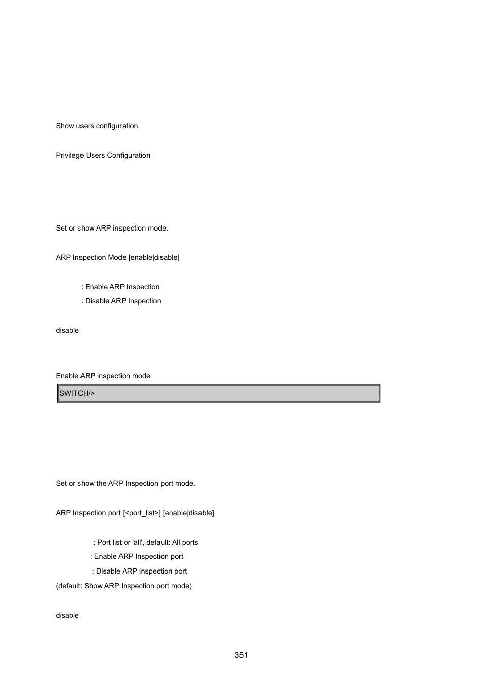 17 arp command, Arp inspection configuration, Arp inspection mode | Arp inspection port | PLANET WGSD-8020 User Manual | Page 351 / 373