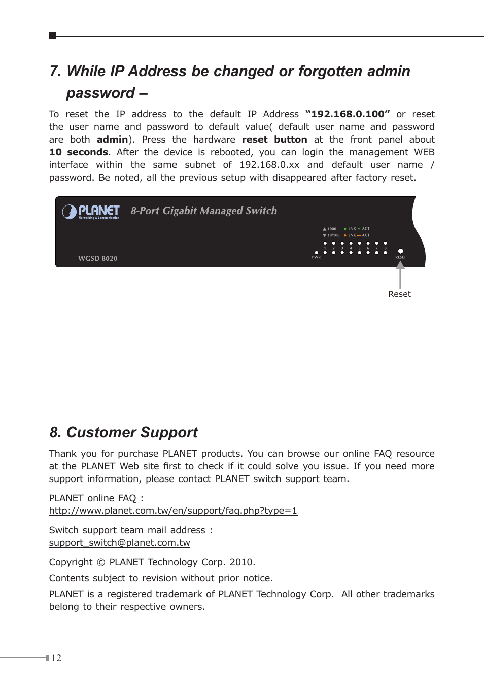 Customer support | PLANET WGSD-8020 User Manual | Page 12 / 12