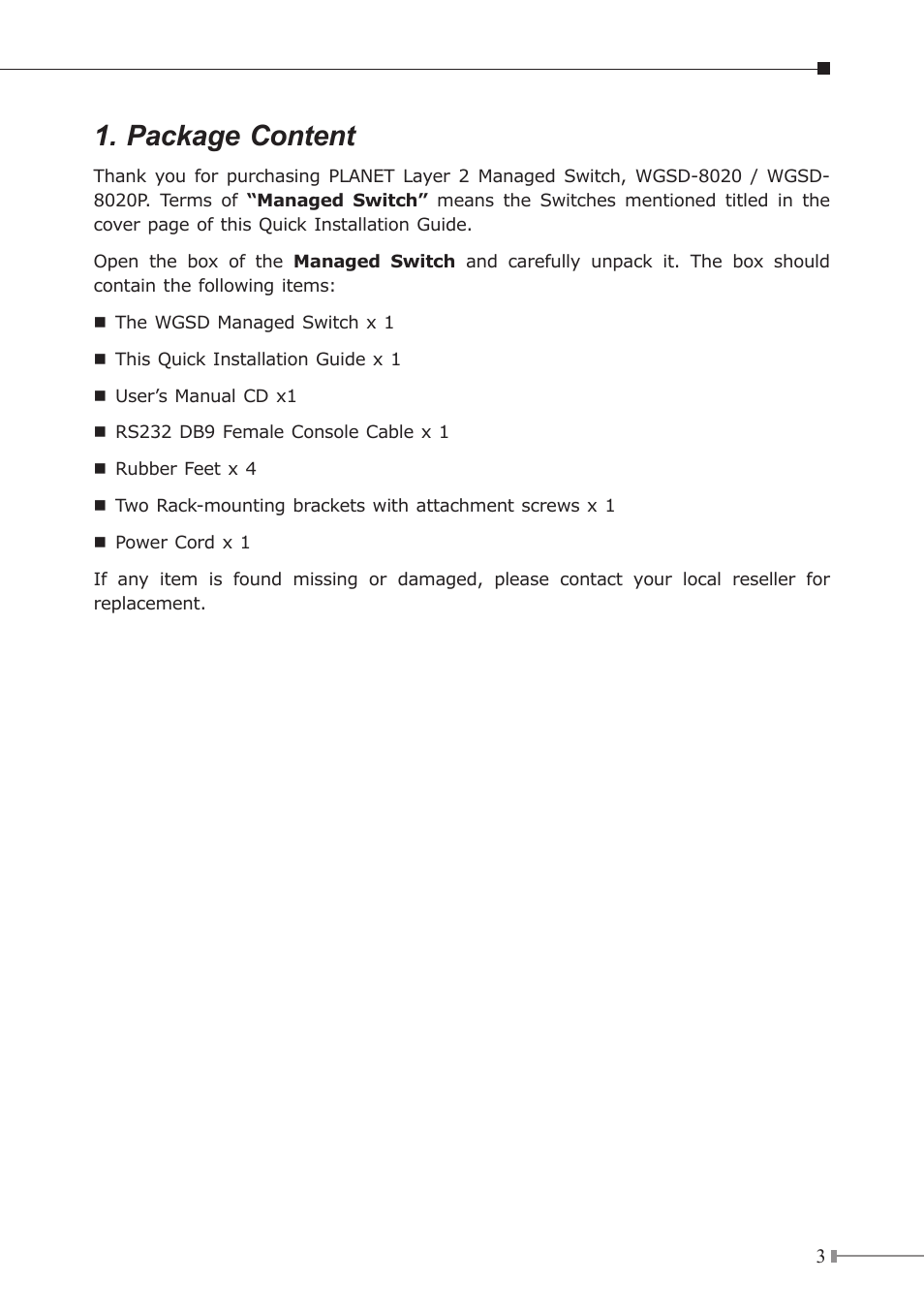 Package content | PLANET WGSD-8020 User Manual | Page 3 / 12