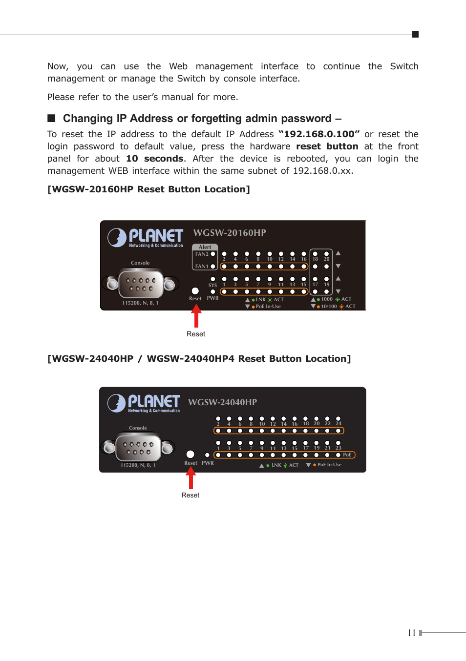 Changing ip address or forgetting admin password | PLANET WGSW-20160HP User Manual | Page 11 / 12