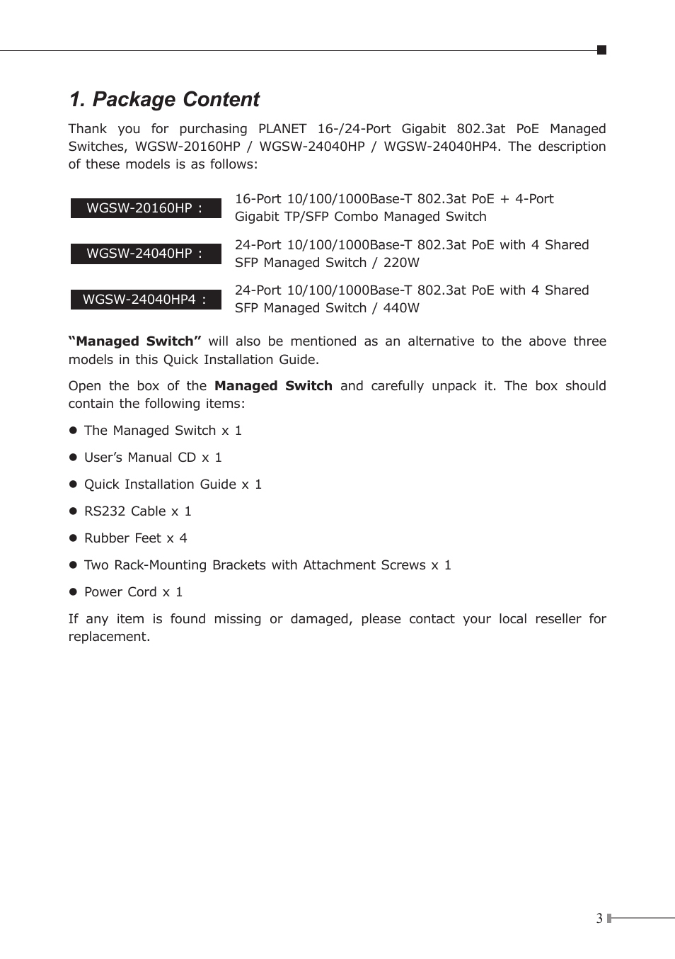 Package content | PLANET WGSW-20160HP User Manual | Page 3 / 12