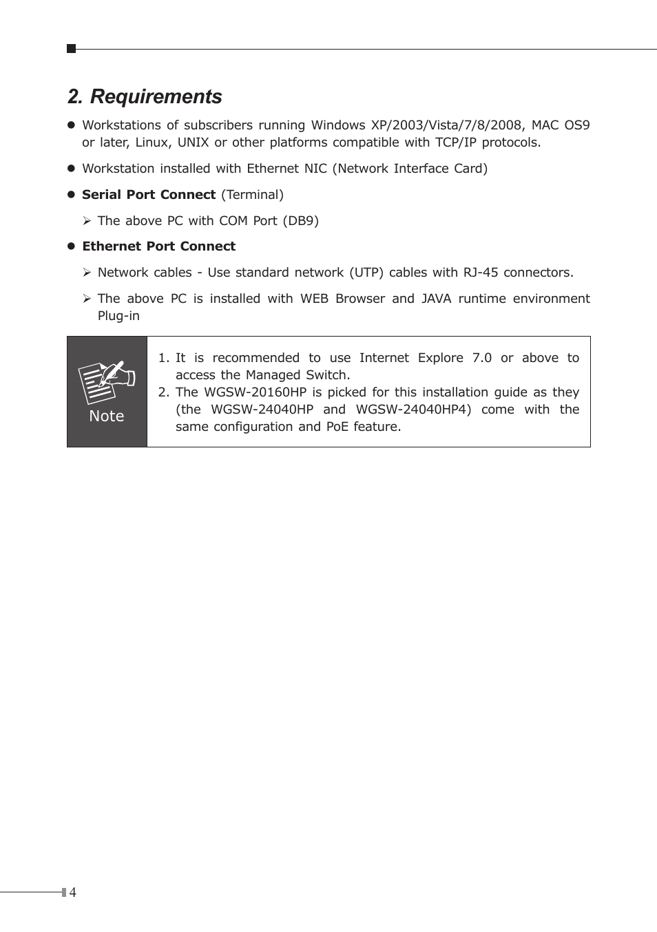 Requirements | PLANET WGSW-20160HP User Manual | Page 4 / 12